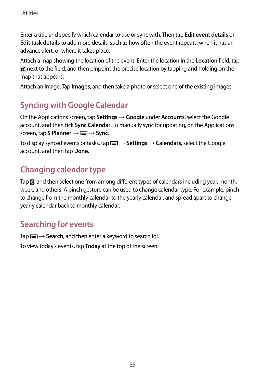 Samsung GT-I8190TANFTM manual Syncing with Google Calendar, Changing calendar type, Searching for events, Utilities 