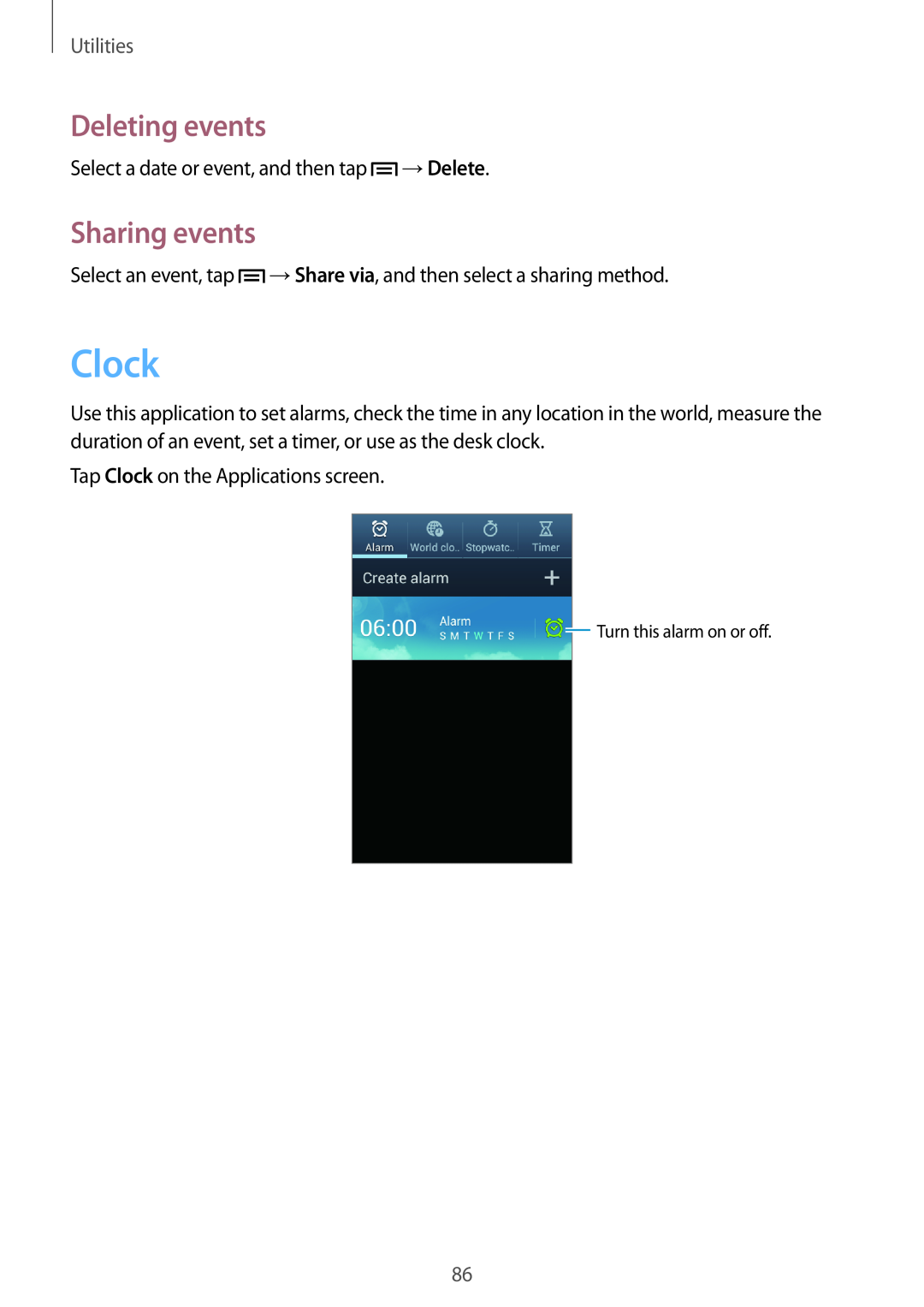 Samsung GT-I8190RWNFTM, GT-I8190RWNDTM manual Clock, Deleting events, Sharing events, Utilities, Turn this alarm on or off 