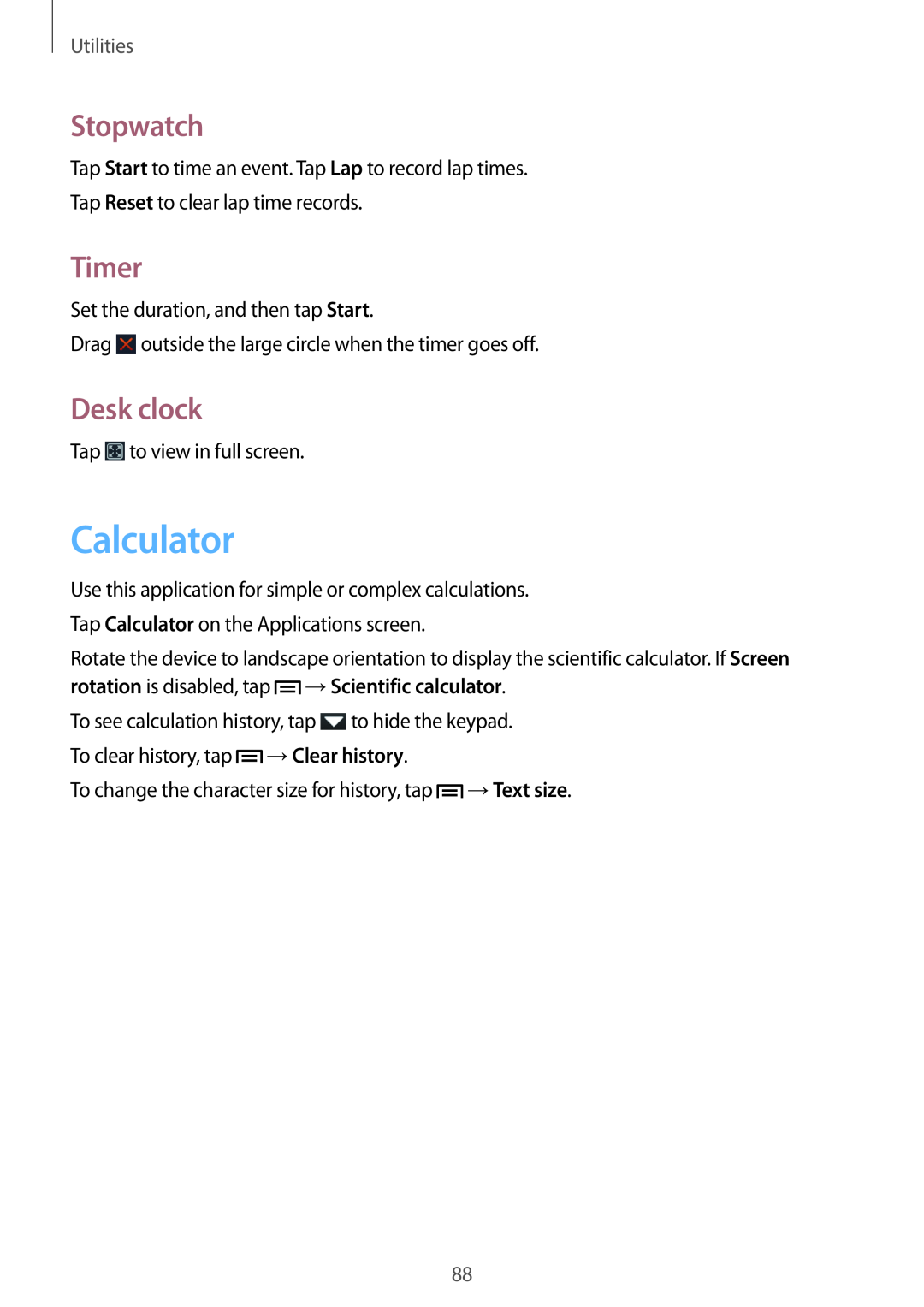 Samsung GT-I8190MBNNRJ manual Calculator, Stopwatch, Timer, Desk clock, →Scientific calculator, →Clear history, Utilities 