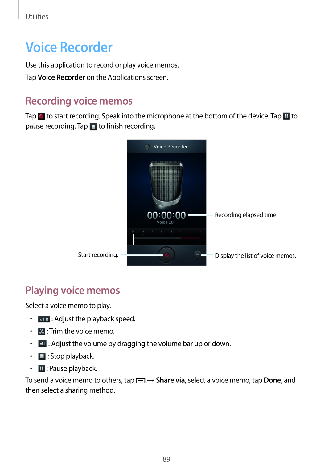 Samsung GT-I8190MBNSWC, GT-I8190RWNDTM manual Voice Recorder, Recording voice memos, Playing voice memos, Utilities 