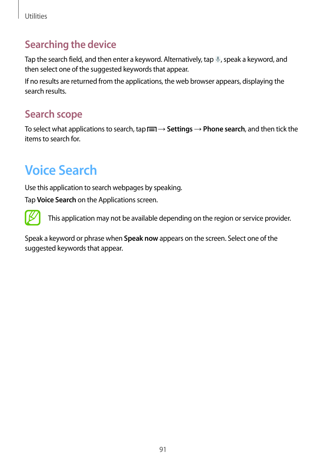 Samsung GT-I8190MBNOMN, GT-I8190RWNDTM, GT-I8190RWNDBT manual Voice Search, Searching the device, Search scope, Utilities 
