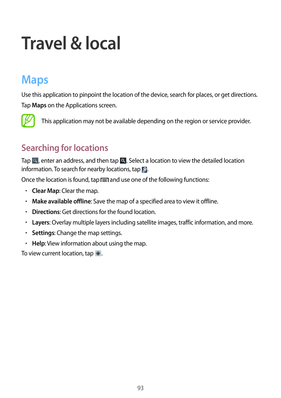 Samsung GT-I8190TANTIM, GT-I8190RWNDTM, GT-I8190RWNDBT, GT-I8190MBNTPL manual Travel & local, Maps, Searching for locations 