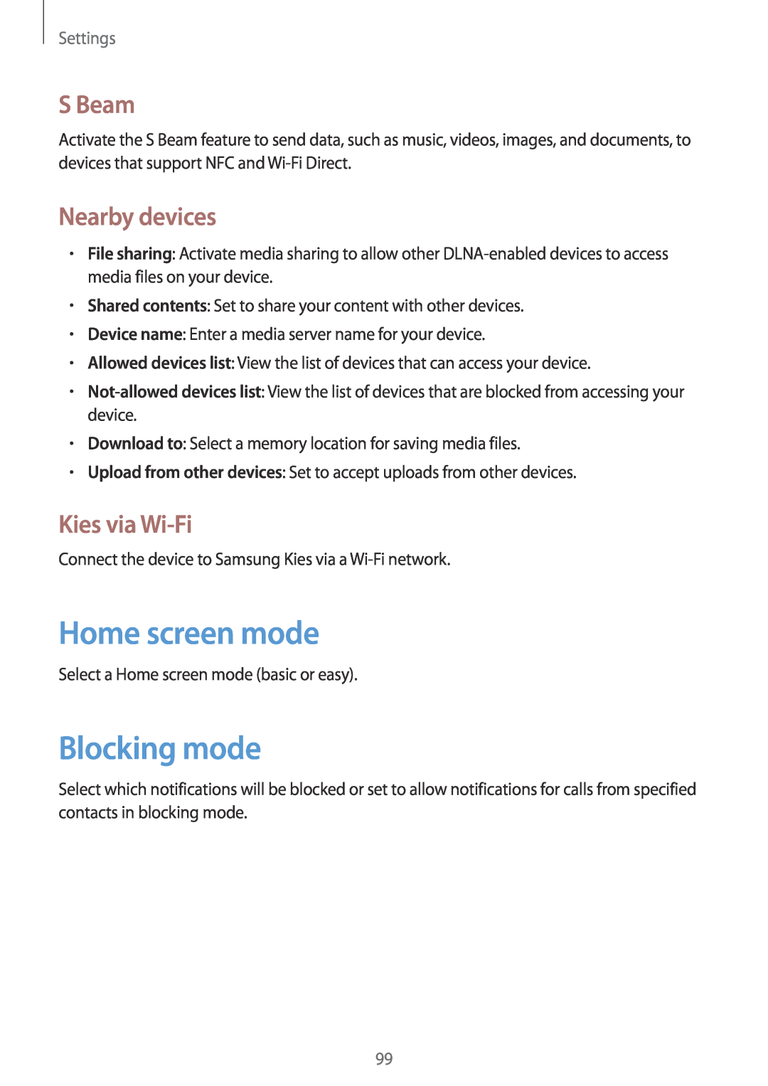 Samsung GT-I8190RWNBTU, GT-I8190RWNDTM Home screen mode, Blocking mode, S Beam, Nearby devices, Kies via Wi-Fi, Settings 