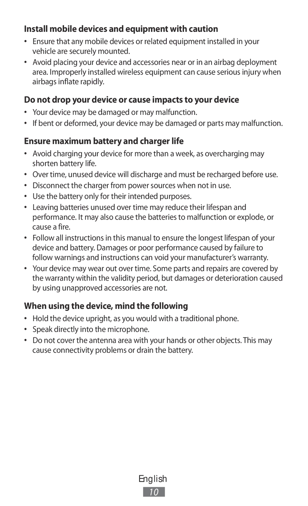 Samsung GT-I8190TANWIN manual Install mobile devices and equipment with caution, Ensure maximum battery and charger life 