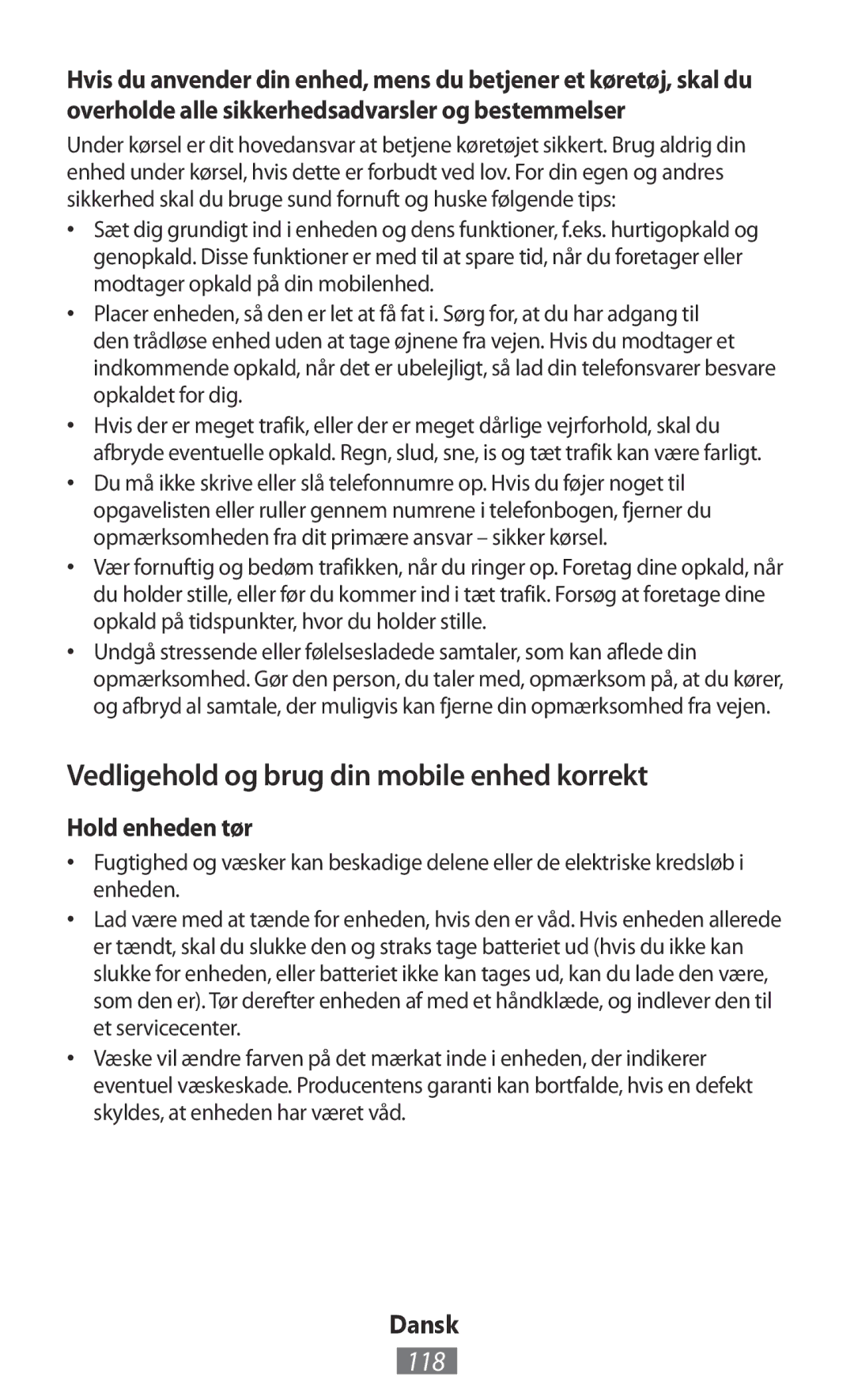 Samsung GT-I8750ALAMTL, GT-I8190RWNDTM, GT-I8190RWNDBT Vedligehold og brug din mobile enhed korrekt, 118, Hold enheden tør 