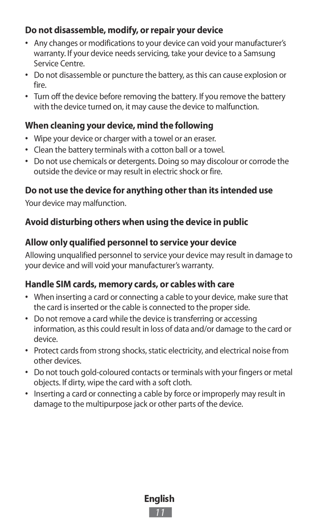 Samsung GT-I8190RWNVIA Do not disassemble, modify, or repair your device, When cleaning your device, mind the following 