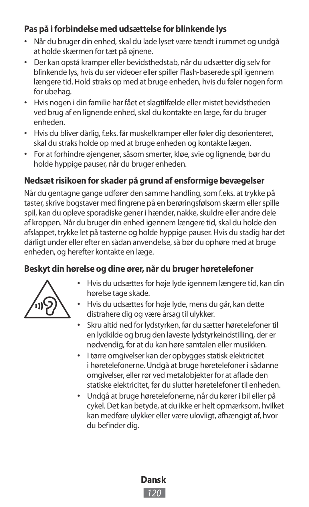 Samsung GT-S5301ZIAORX, GT-I8190RWNDTM, GT-I8190RWNDBT manual 120, Pas på i forbindelse med udsættelse for blinkende lys 