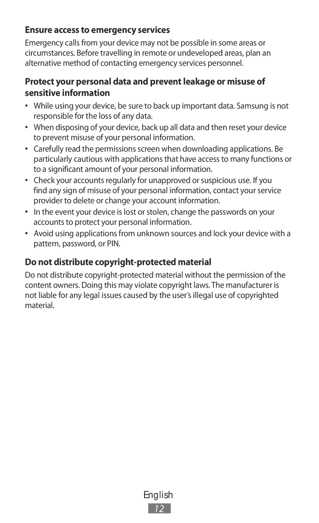 Samsung GT-I8190RWNOMN, GT-I8190RWNDTM Ensure access to emergency services, Do not distribute copyright-protected material 