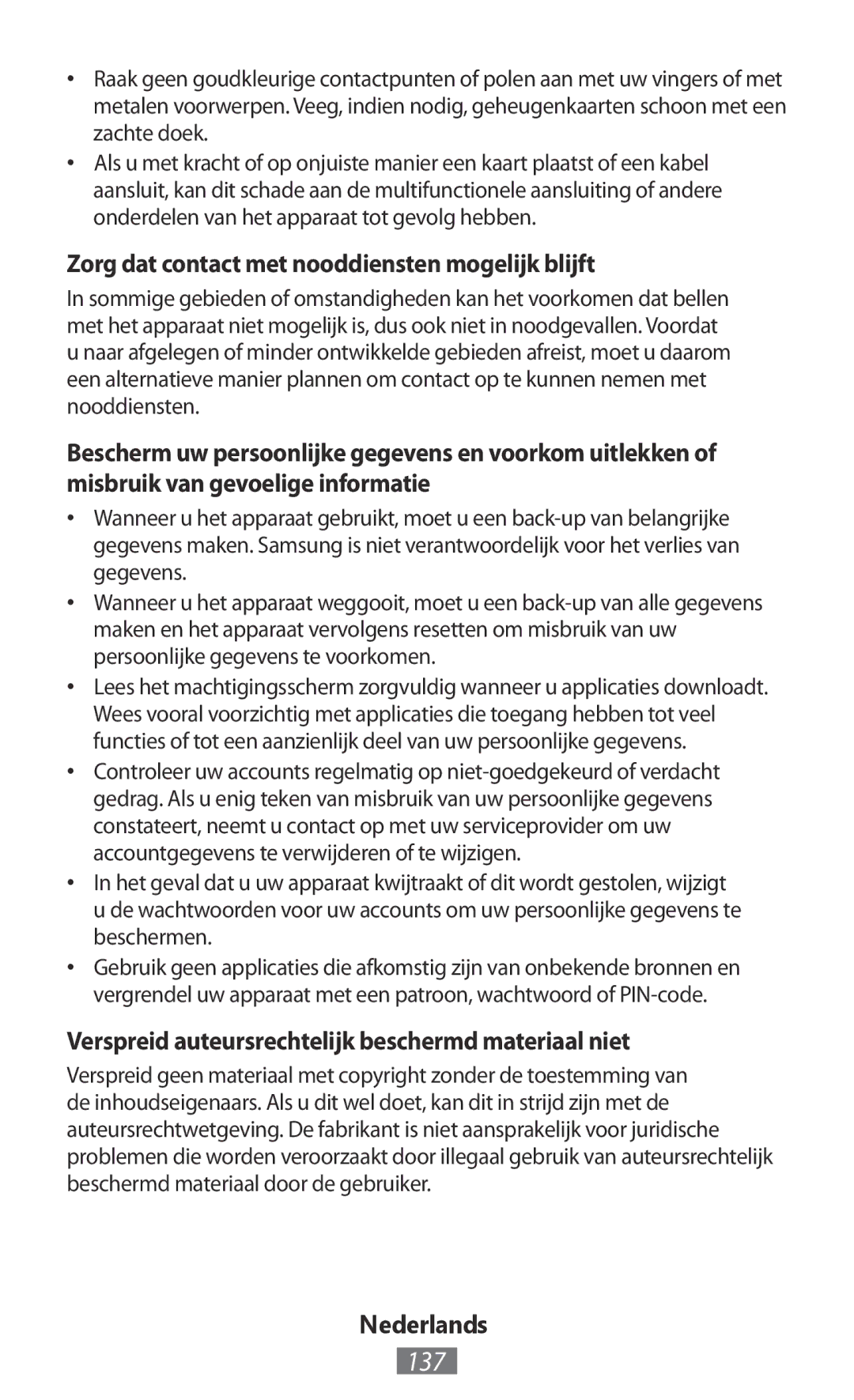 Samsung GT-I8190MBNPTR, GT-I8190RWNDTM, GT-I8190RWNDBT manual 137, Zorg dat contact met nooddiensten mogelijk blijft 