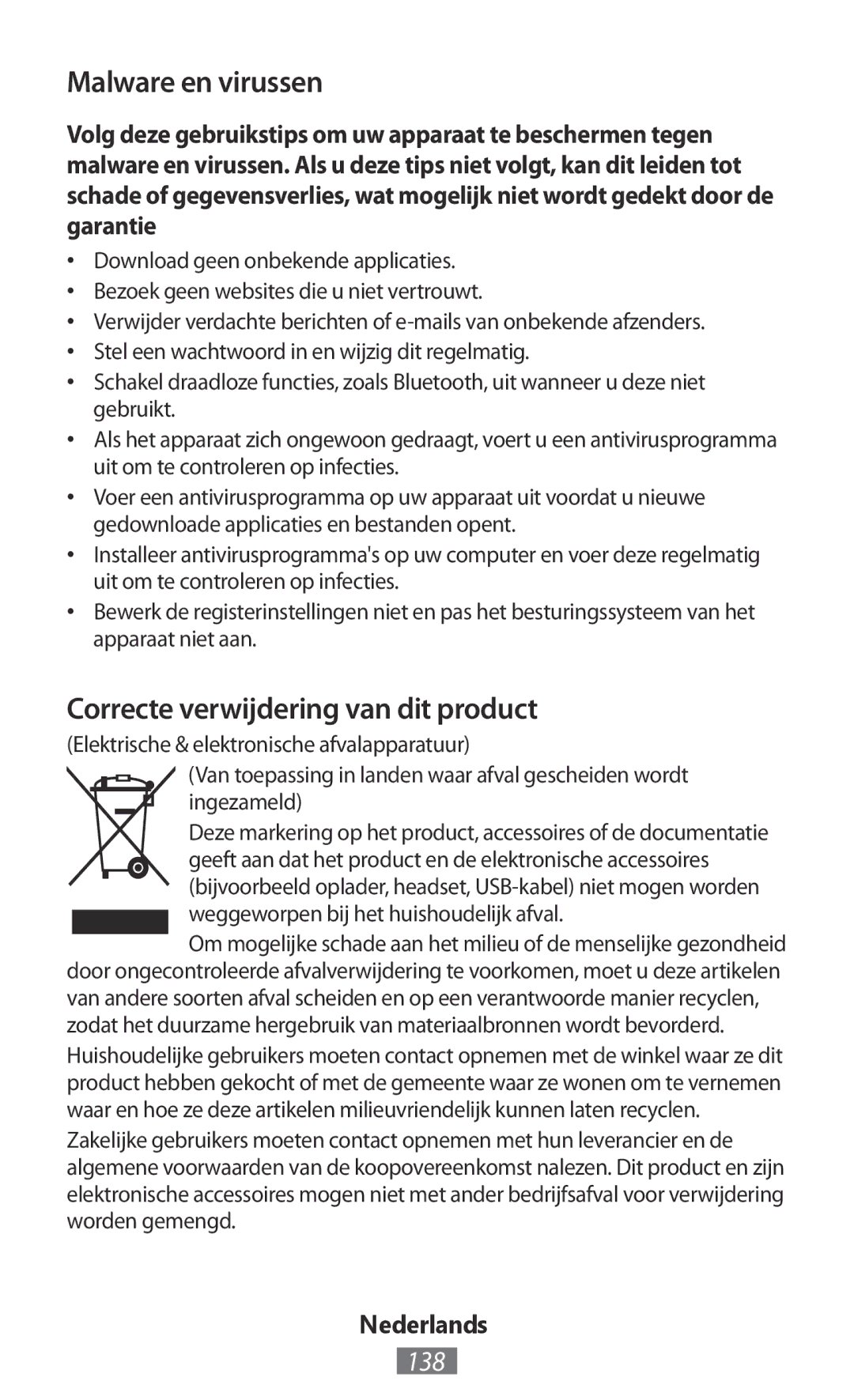 Samsung GT-I8190RWNILO, GT-I8190RWNDTM, GT-I8190RWNDBT manual Malware en virussen, Correcte verwijdering van dit product, 138 