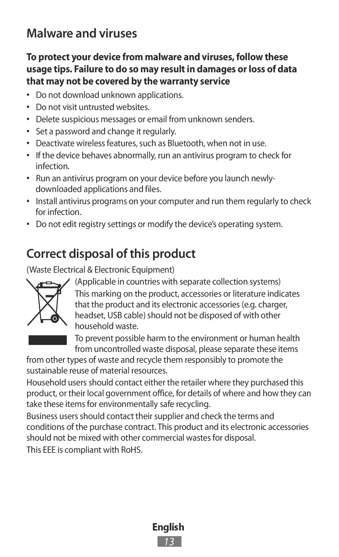 Samsung GT-I8190MBNWIN, GT-I8190RWNDTM, GT-I8190RWNDBT, GT-I8190MBNTPL Malware and viruses, This EEE is compliant with RoHS 