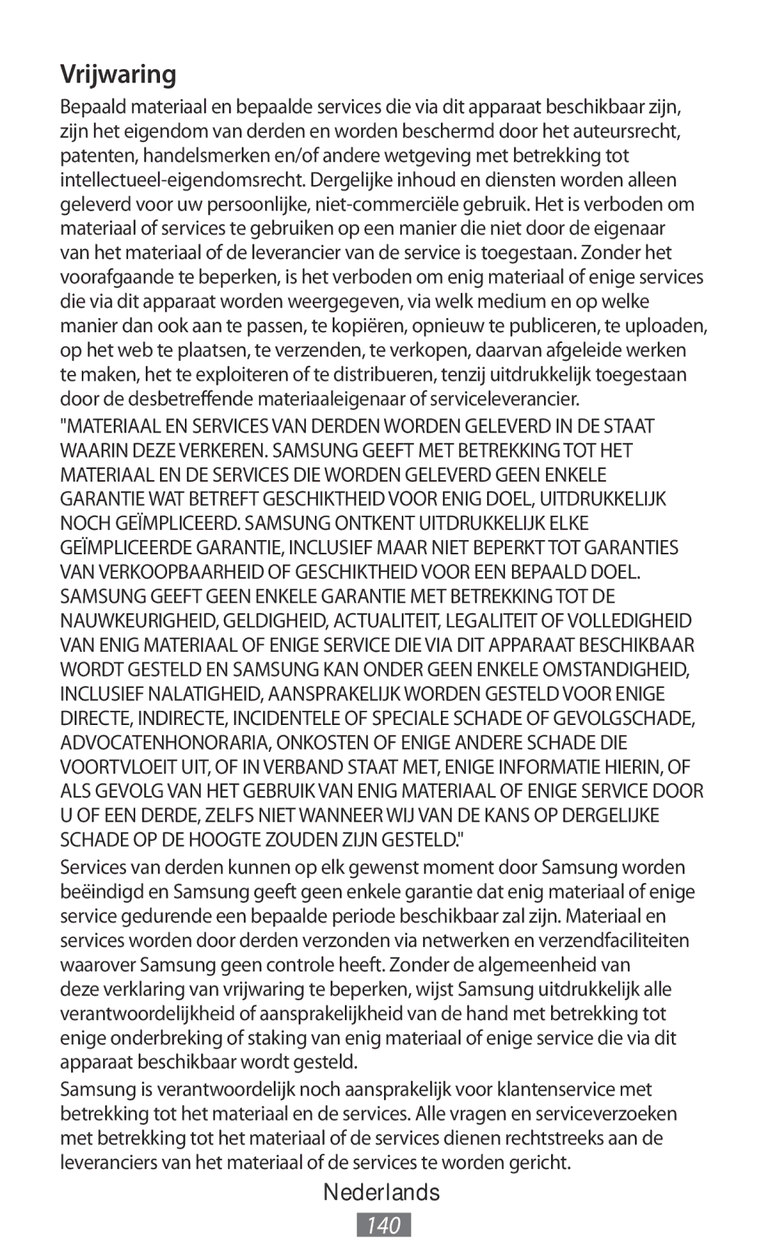 Samsung GT-I8190RWNPTR, GT-I8190RWNDTM, GT-I8190RWNDBT, GT-I8190MBNTPL, GT-S5301ZKAWIN, GT-I8190TANIDE manual Vrijwaring, 140 