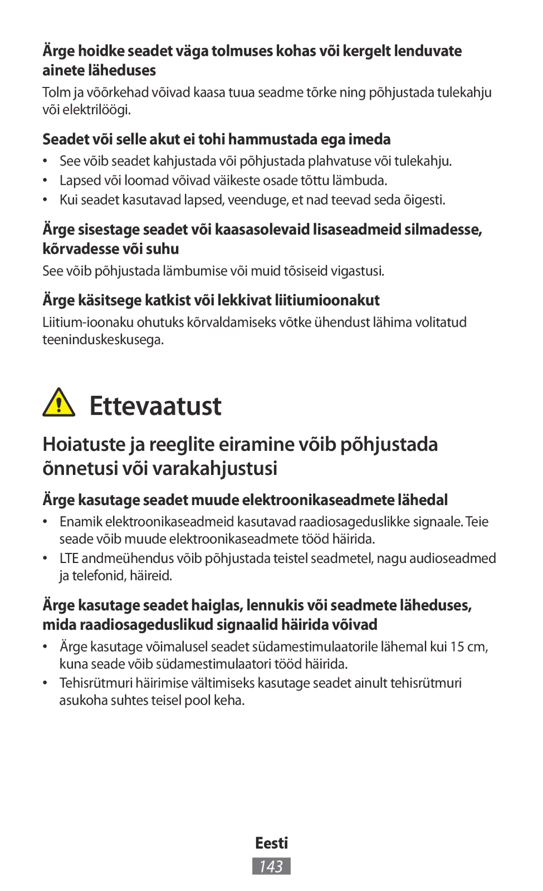 Samsung GT-S5301ZKAAUT, GT-I8190RWNDTM, GT-I8190RWNDBT Ettevaatust, 143, Seadet või selle akut ei tohi hammustada ega imeda 