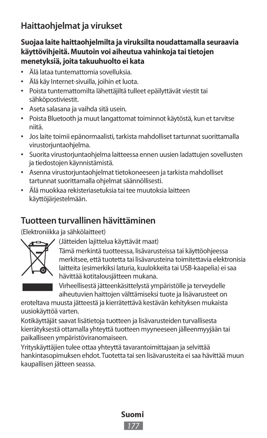 Samsung GT-S5301ZWATUR manual Haittaohjelmat ja virukset, Tuotteen turvallinen hävittäminen, 177, Uusiokäyttöä varten 