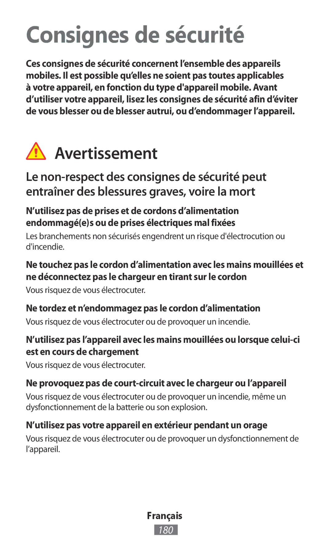 Samsung GT-I8750ALAXEF, GT-I8190RWNDTM, GT-I8190RWNDBT, GT-I8190MBNTPL Consignes de sécurité, Avertissement, 180, Français 