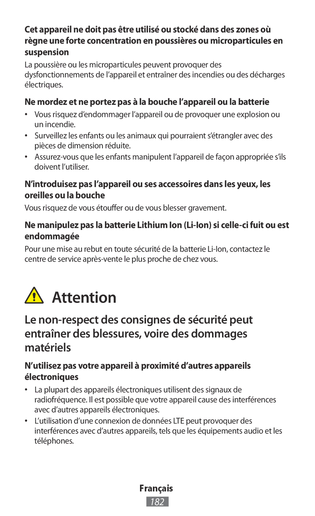 Samsung GT-I8750ALAXEO, GT-I8190RWNDTM, GT-I8190RWNDBT manual 182, Vous risquez de vous étouffer ou de vous blesser gravement 