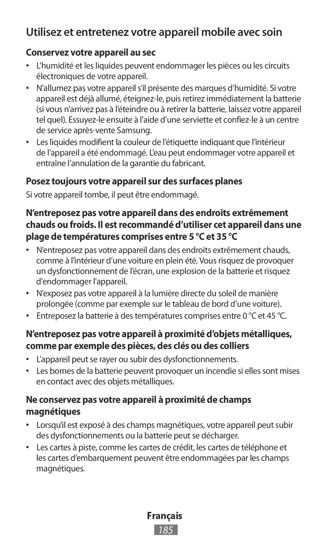 Samsung GT-S5301ZWATIM manual Utilisez et entretenez votre appareil mobile avec soin, 185, Conservez votre appareil au sec 