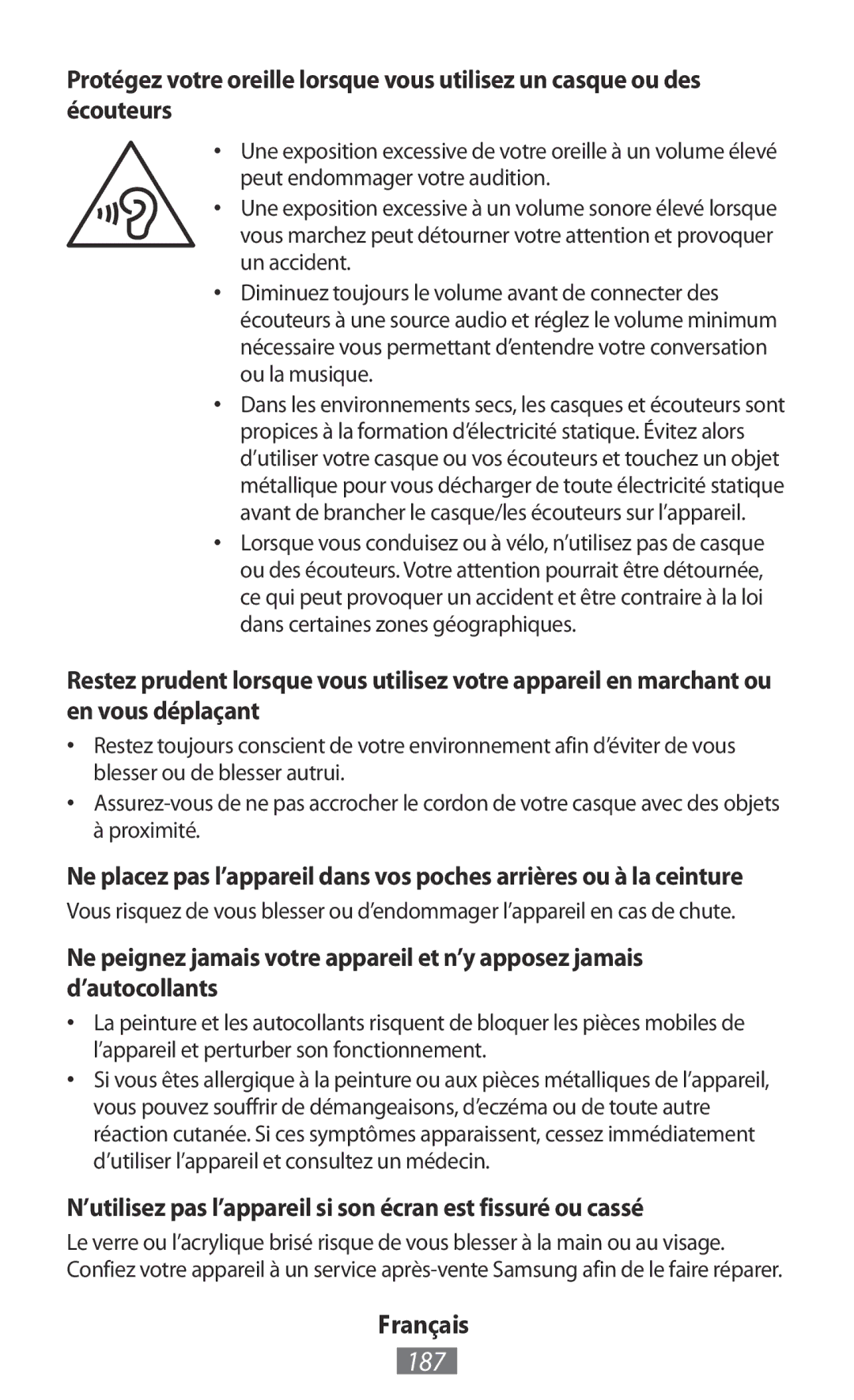 Samsung GT-S5301ZWAOMN, GT-I8190RWNDTM, GT-I8190RWNDBT manual 187, ’utilisez pas l’appareil si son écran est fissuré ou cassé 