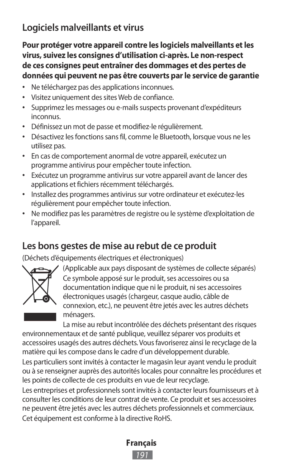 Samsung GT-S5301ZKAVVT manual Logiciels malveillants et virus, Les bons gestes de mise au rebut de ce produit, 191 