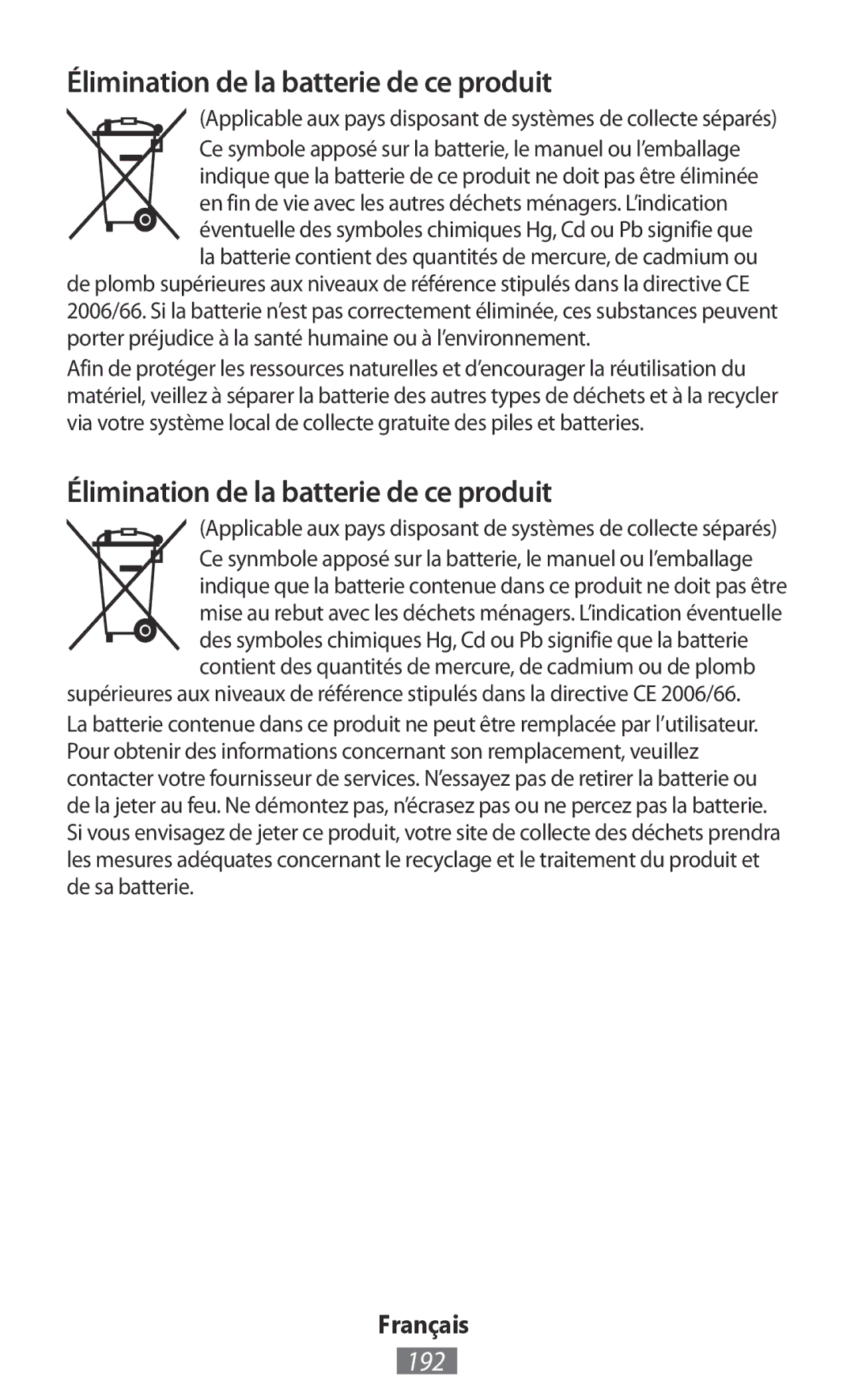 Samsung GT-S5301ZWAVVT, GT-I8190RWNDTM, GT-I8190RWNDBT, GT-I8190MBNTPL manual Élimination de la batterie de ce produit, 192 