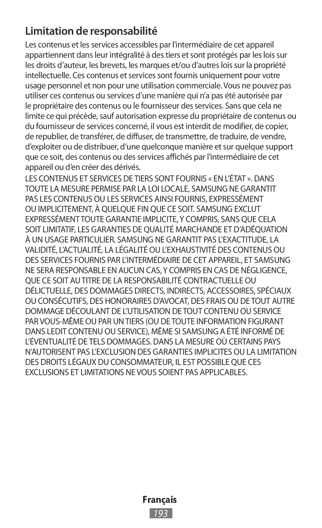 Samsung GT-I8750ALAMTL, GT-I8190RWNDTM, GT-I8190RWNDBT, GT-I8190MBNTPL, GT-S5301ZKAWIN manual Limitation de responsabilité, 193 