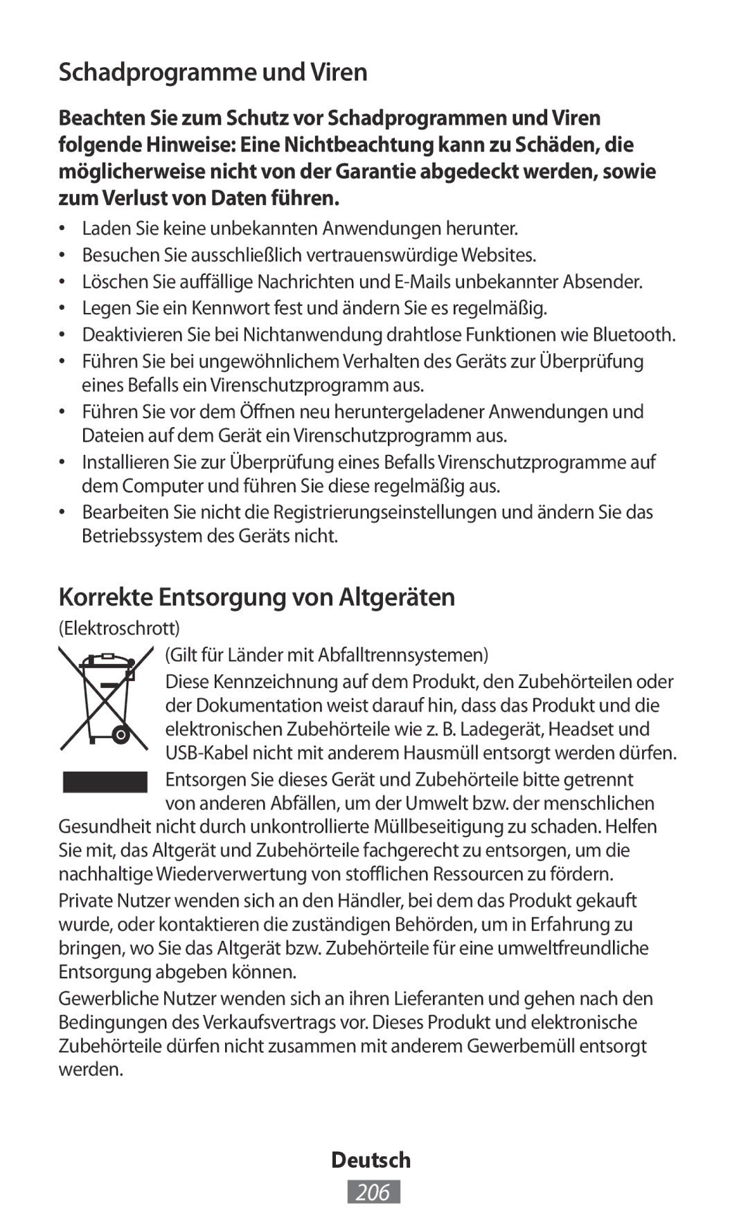 Samsung GT-S5301ZOANEE, GT-I8190RWNDTM, GT-I8190RWNDBT Schadprogramme und Viren, Korrekte Entsorgung von Altgeräten, 206 