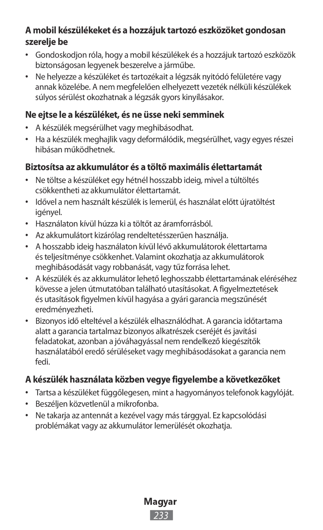 Samsung GT-S5301ZKADBT manual 233, Ne ejtse le a készüléket, és ne üsse neki semminek, Beszéljen közvetlenül a mikrofonba 