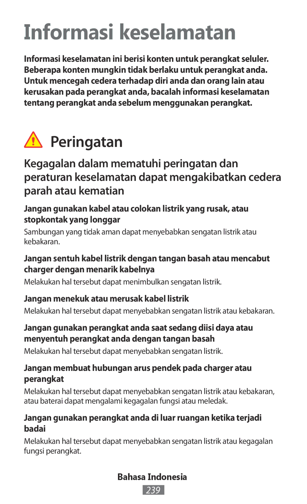 Samsung GT-S5301ZKATUR Informasi keselamatan, Peringatan, 239, Jangan menekuk atau merusak kabel listrik, Bahasa Indonesia 