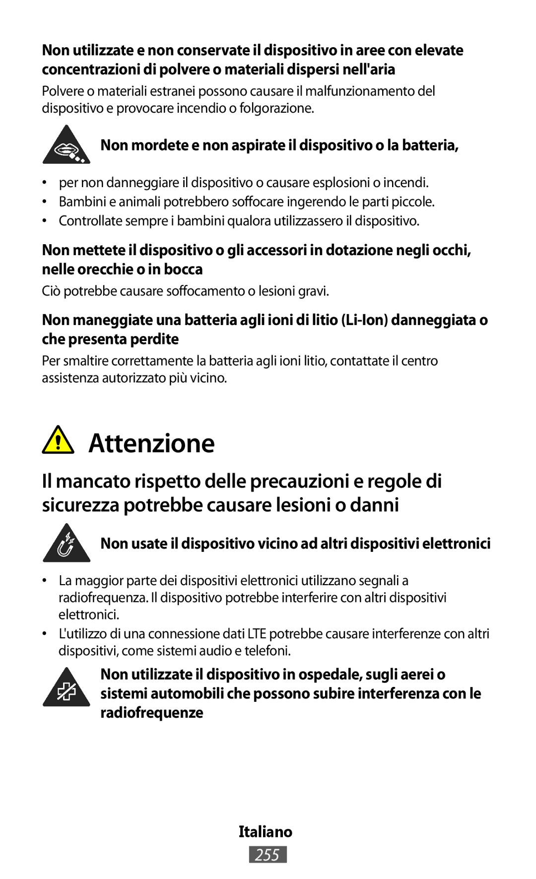 Samsung GT-I8750ALAXEF, GT-I8190RWNDTM, GT-I8190RWNDBT manual 255, Non mordete e non aspirate il dispositivo o la batteria 