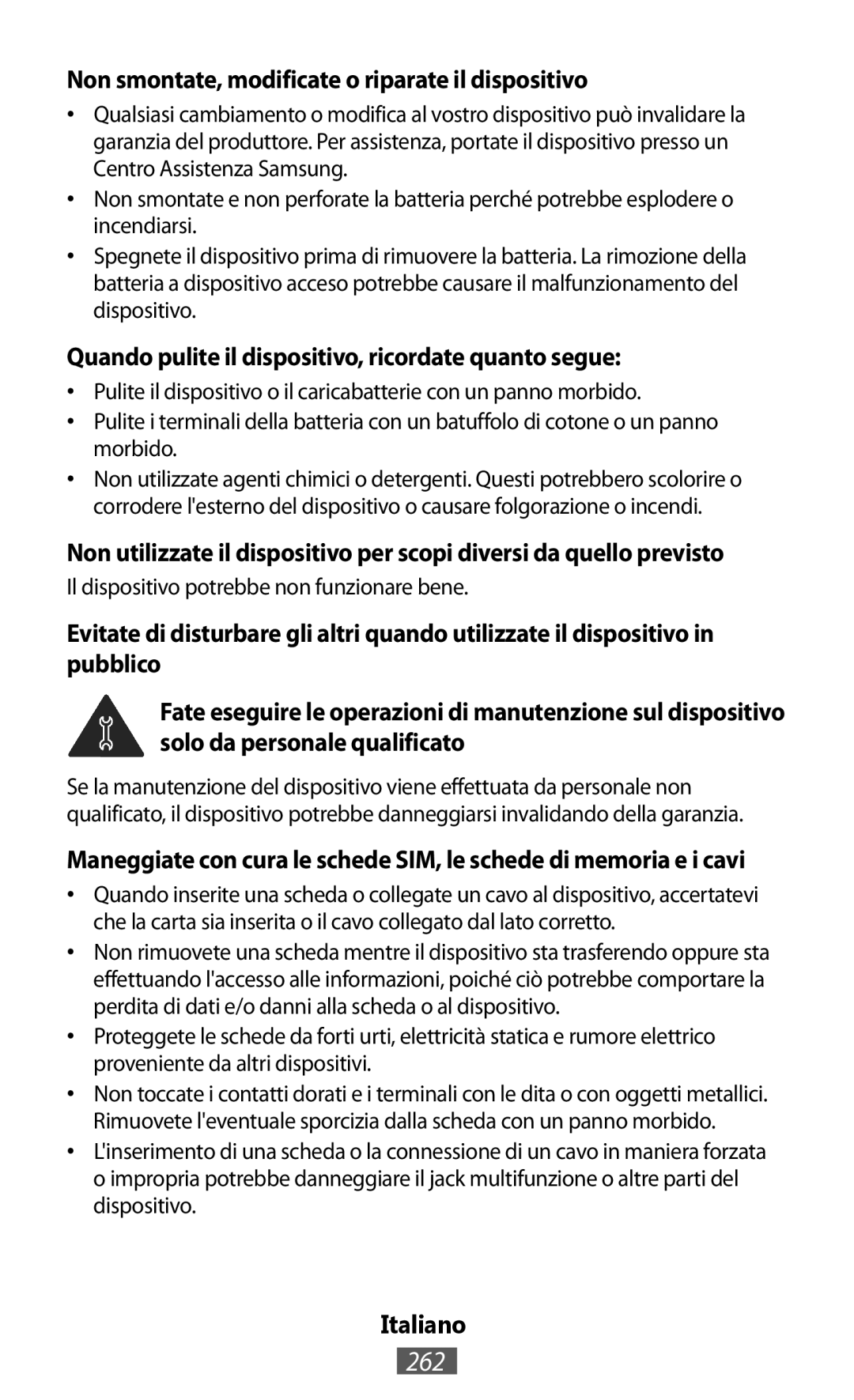 Samsung GT-S5301ZWAOMN, GT-I8190RWNDTM, GT-I8190RWNDBT manual 262, Non smontate, modificate o riparate il dispositivo 