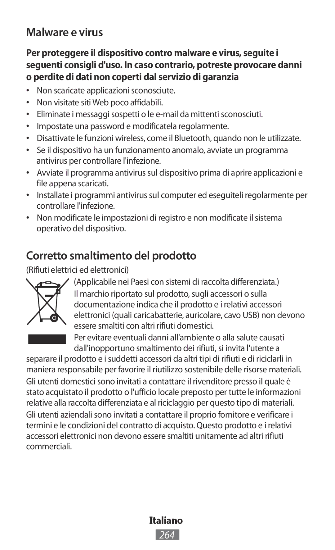 Samsung GT-S5301ZKAOMN, GT-I8190RWNDTM, GT-I8190RWNDBT manual Malware e virus, Corretto smaltimento del prodotto, 264 