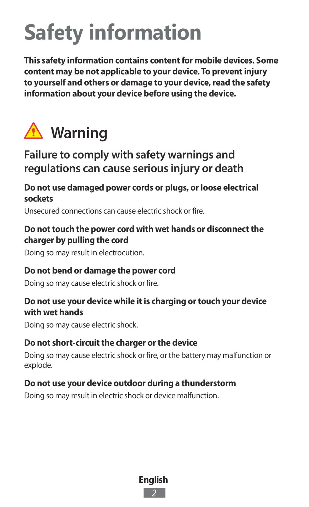 Samsung GT-S5301ZKAWIN, GT-I8190RWNDTM, GT-I8190RWNDBT Safety information, Do not bend or damage the power cord, English 