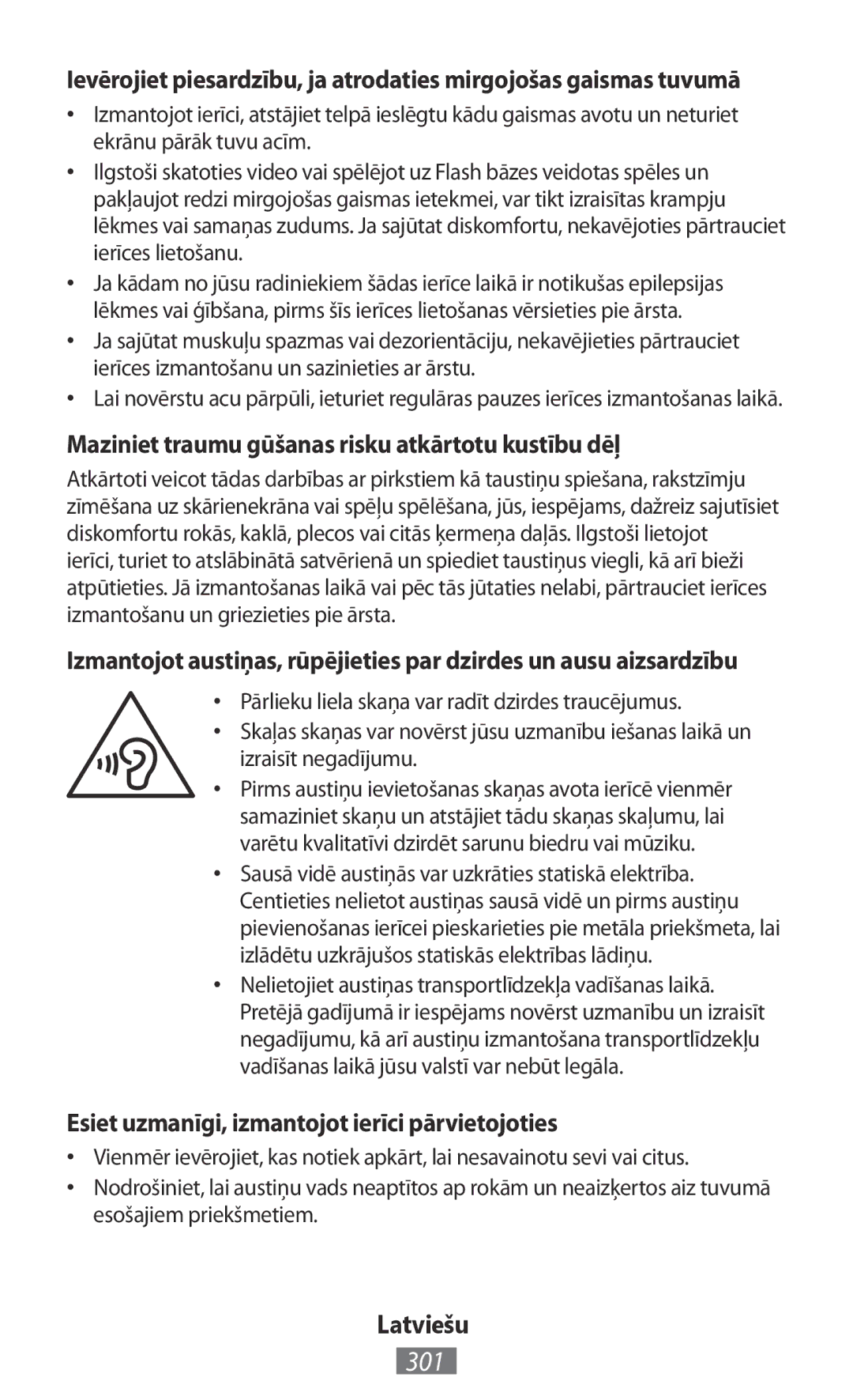 Samsung GT-I8190MBNTPL, GT-I8190RWNDTM, GT-I8190RWNDBT manual 301, Maziniet traumu gūšanas risku atkārtotu kustību dēļ 