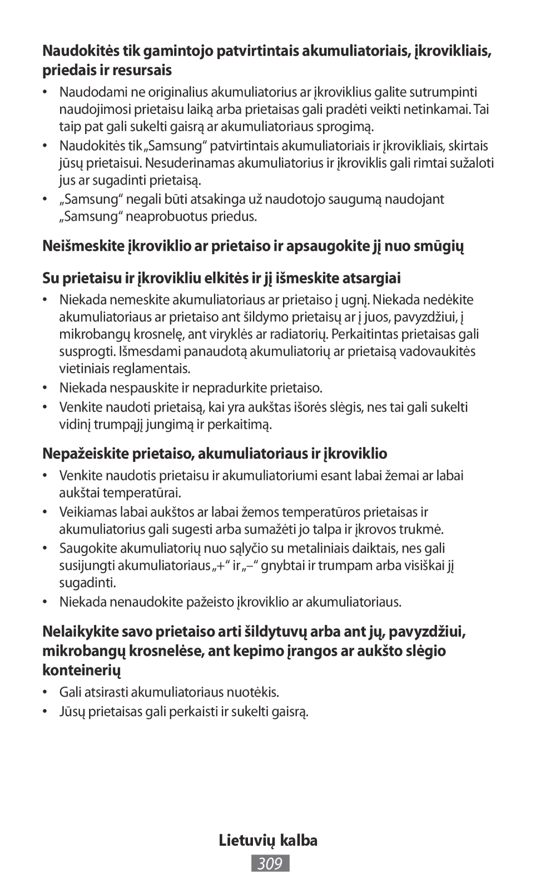 Samsung GT-I8750ALADTM, GT-I8190RWNDTM, GT-I8190RWNDBT manual 309, Nepažeiskite prietaiso, akumuliatoriaus ir įkroviklio 