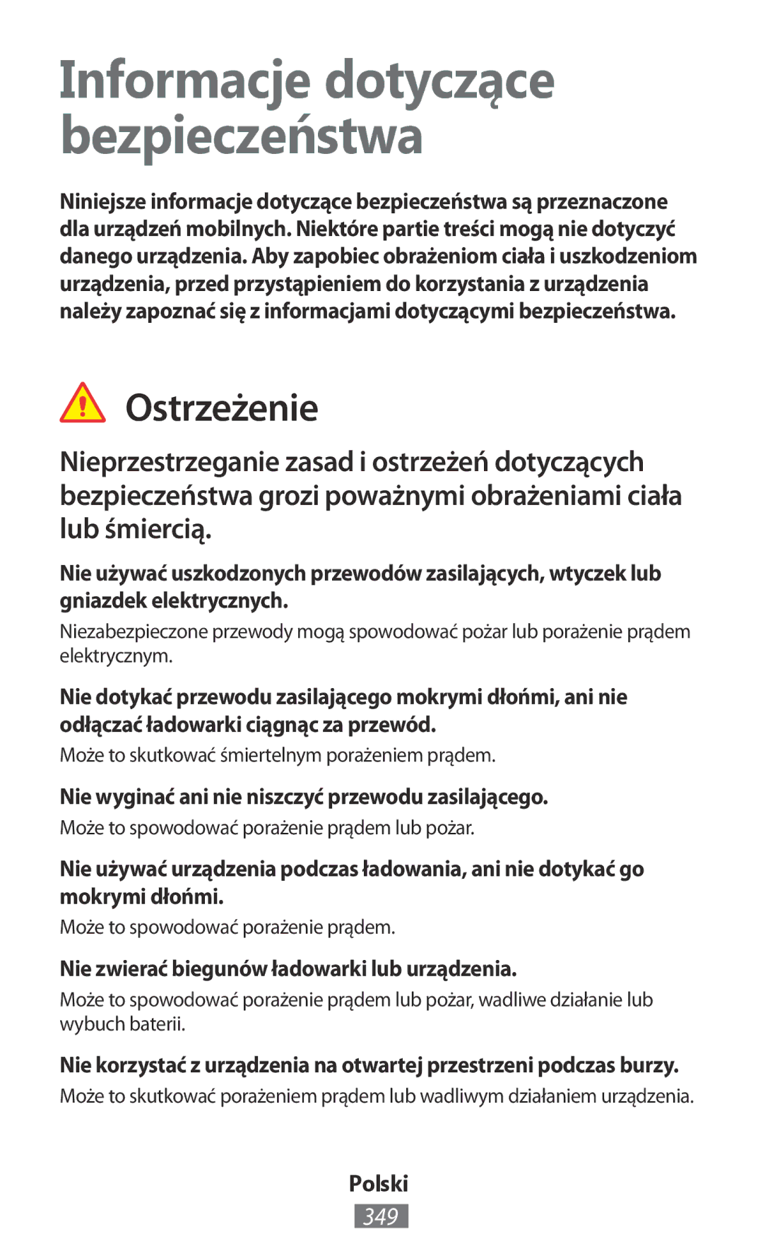 Samsung GT-I8750ALAEUR, GT-I8190RWNDTM manual Ostrzeżenie, 349, Nie wyginać ani nie niszczyć przewodu zasilającego, Polski 