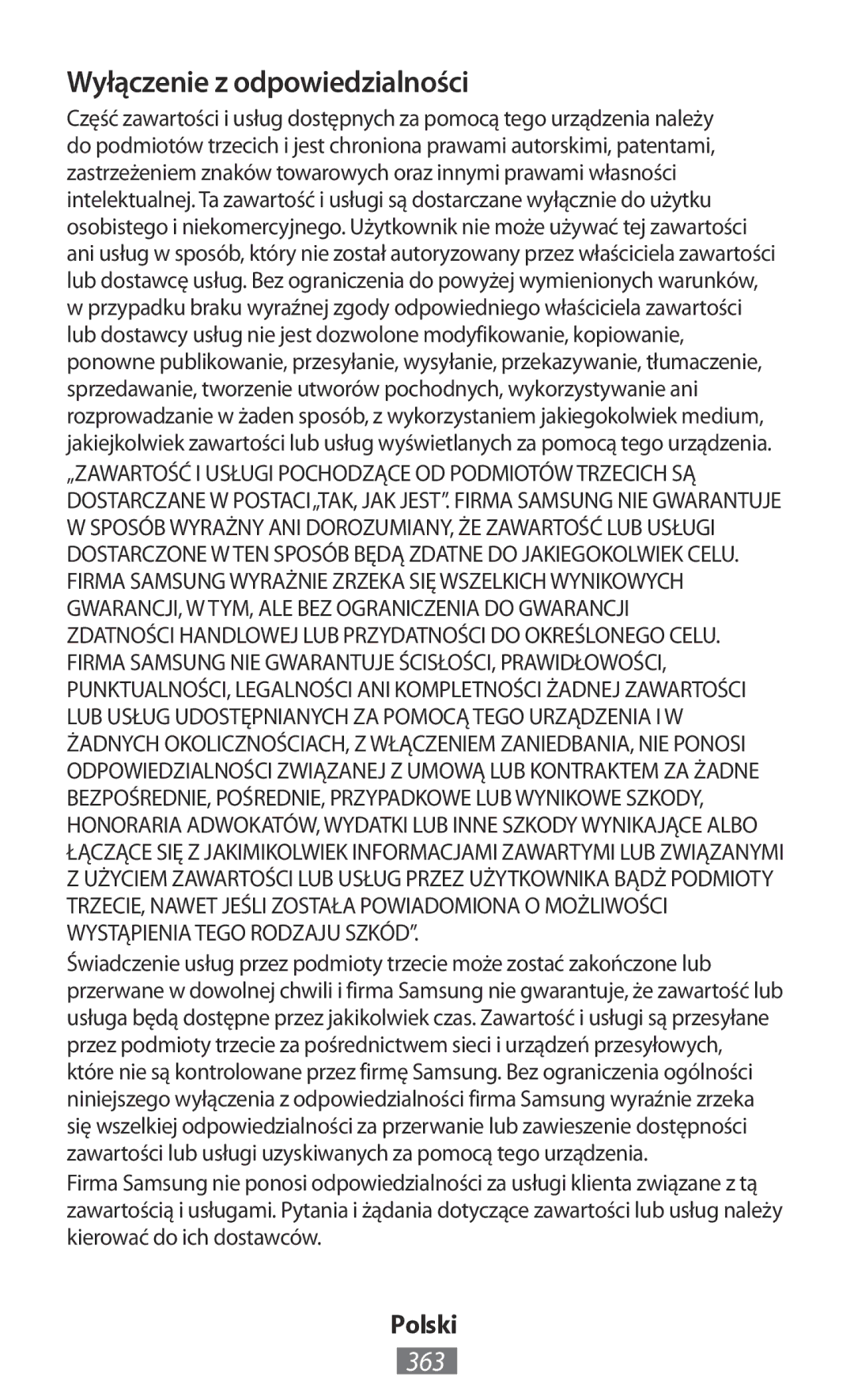 Samsung GT-I8190RWNILO, GT-I8190RWNDTM, GT-I8190RWNDBT, GT-I8190MBNTPL, GT-S5301ZKAWIN Wyłączenie z odpowiedzialności, 363 