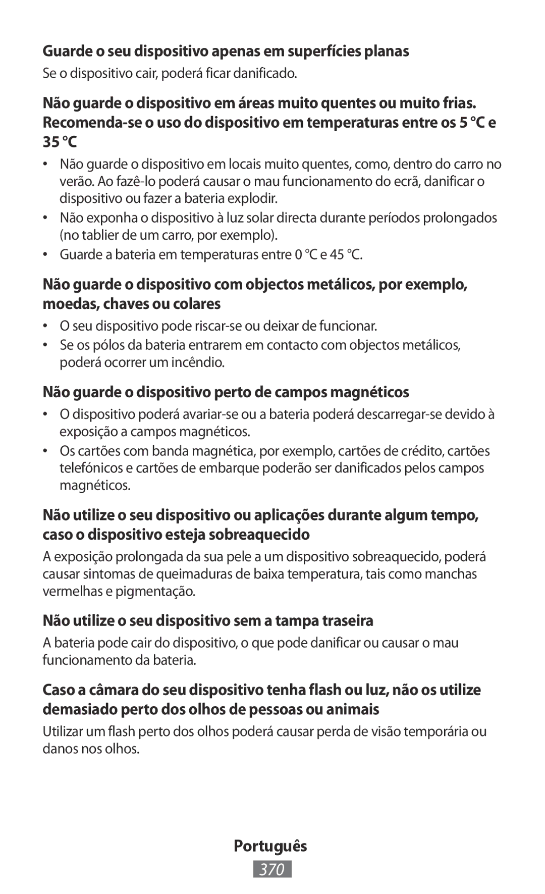 Samsung GT-S5301ZKASER, GT-I8190RWNDTM, GT-I8190RWNDBT manual 370, Guarde o seu dispositivo apenas em superfícies planas 