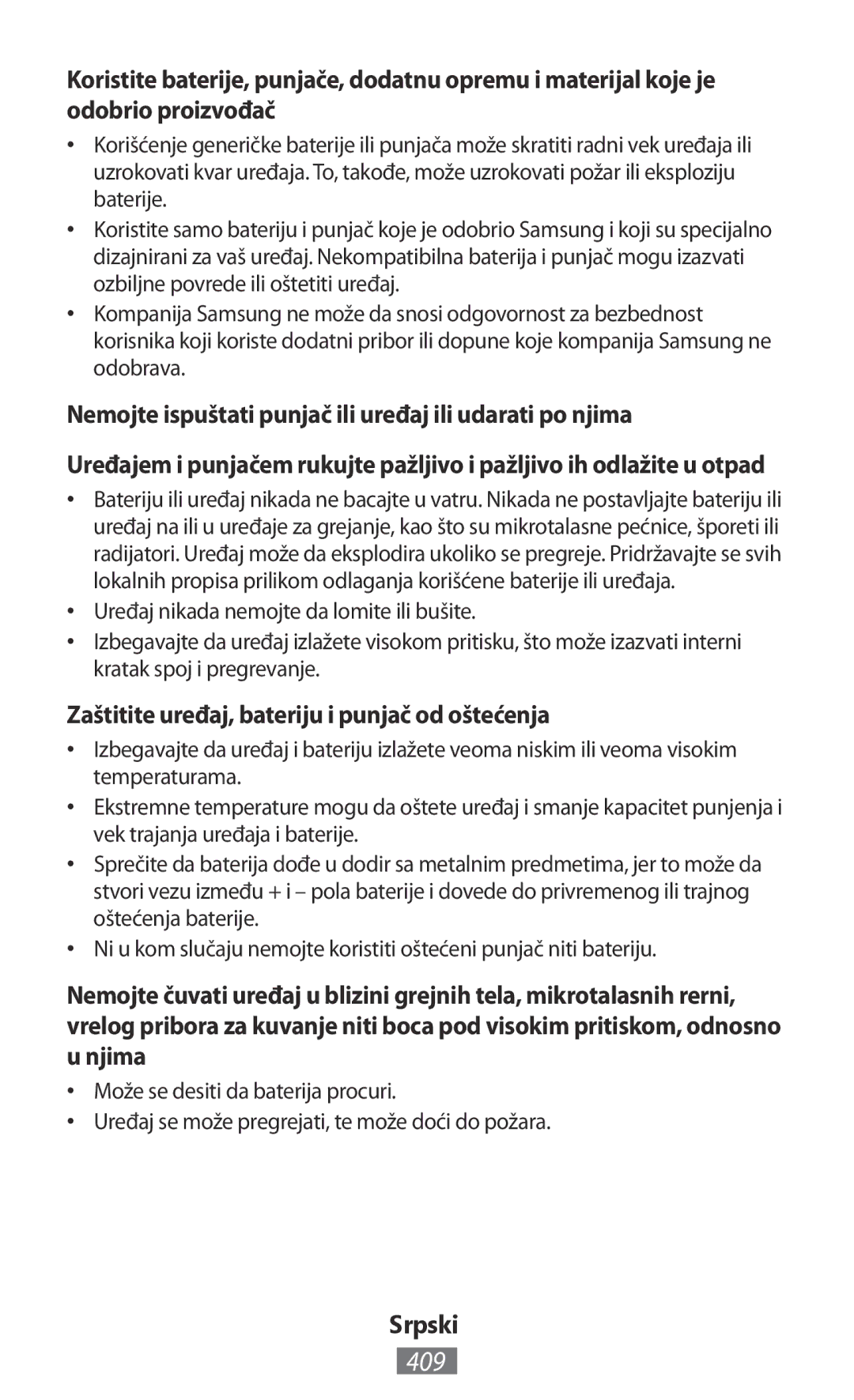 Samsung GT-I8750ALAHUI, GT-I8190RWNDTM, GT-I8190RWNDBT manual 409, Nemojte ispuštati punjač ili uređaj ili udarati po njima 