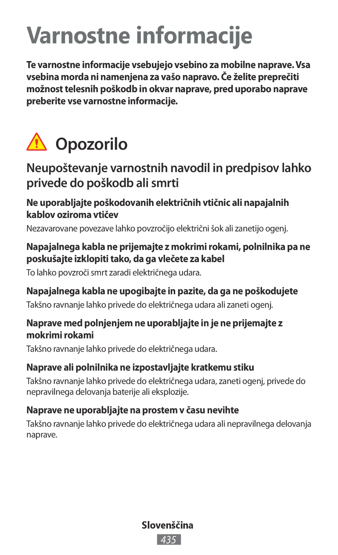 Samsung GT-I8750ALASEB, GT-I8190RWNDTM, GT-I8190RWNDBT, GT-I8190MBNTPL Varnostne informacije, Opozorilo, 435, Slovenščina 