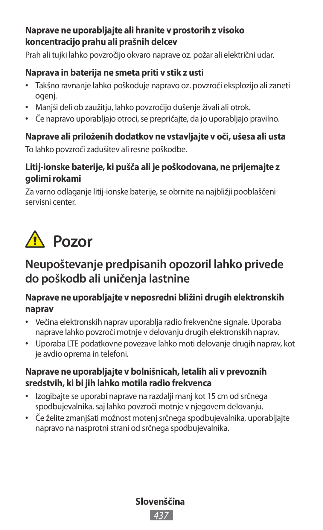 Samsung GT-I8190MBNPTR, GT-I8190RWNDTM, GT-I8190RWNDBT manual Pozor, 437, Naprava in baterija ne smeta priti v stik z usti 