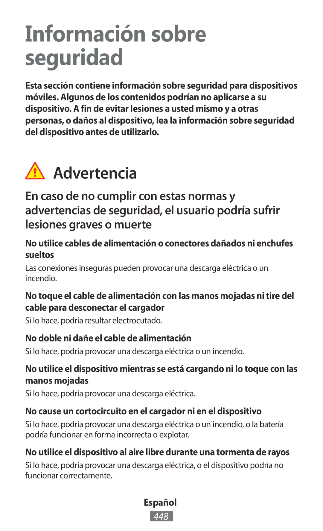 Samsung GT-S5303ZKASER Información sobre seguridad, Advertencia, 448, No doble ni dañe el cable de alimentación, Español 