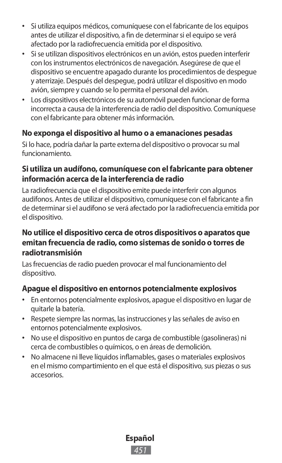 Samsung GT-I8190MBNTPL, GT-I8190RWNDTM, GT-I8190RWNDBT manual 451, No exponga el dispositivo al humo o a emanaciones pesadas 