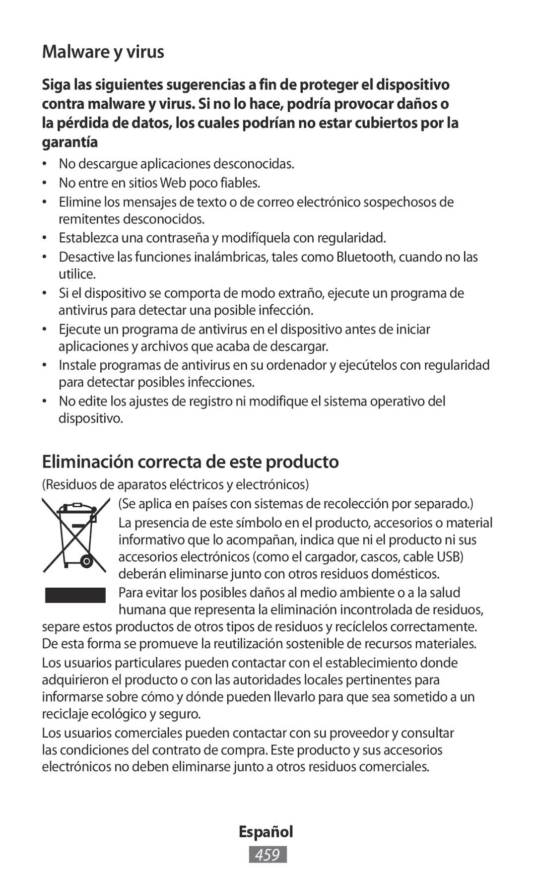 Samsung GT-I8750ALADTM, GT-I8190RWNDTM, GT-I8190RWNDBT manual Malware y virus, Eliminación correcta de este producto, 459 