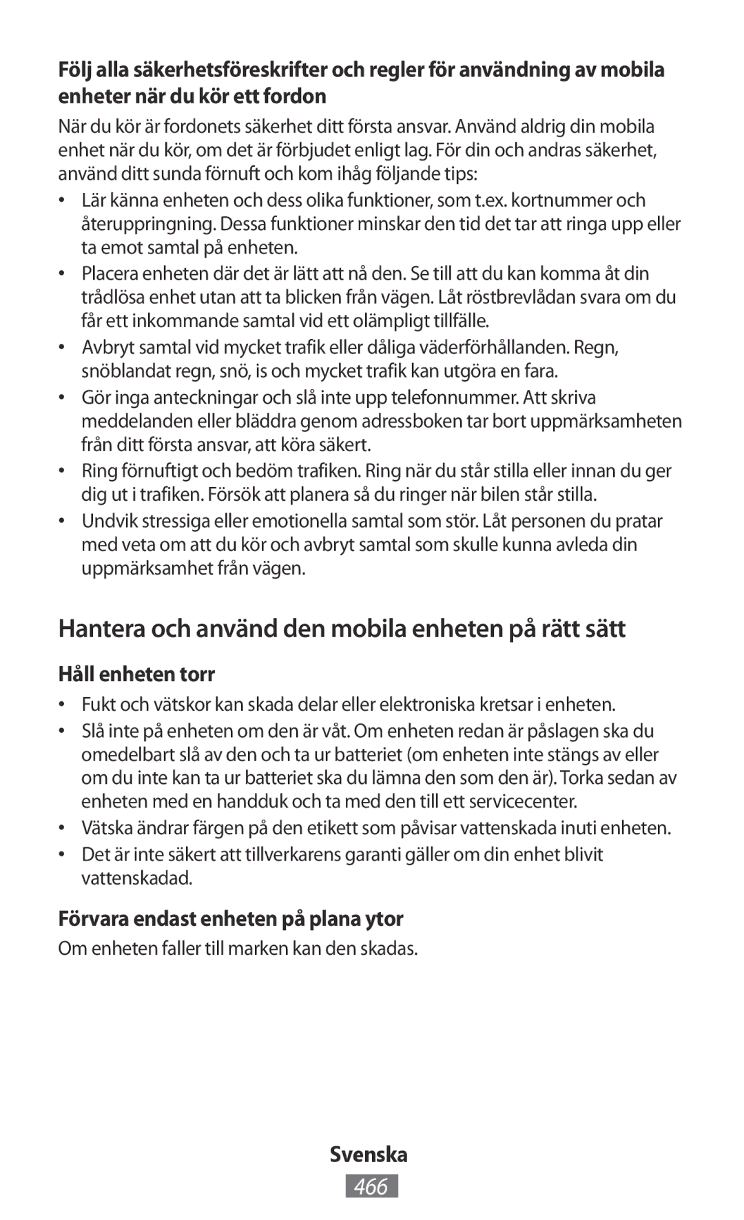 Samsung GT-S5301ZWADBT, GT-I8190RWNDTM manual Hantera och använd den mobila enheten på rätt sätt, 466, Håll enheten torr 