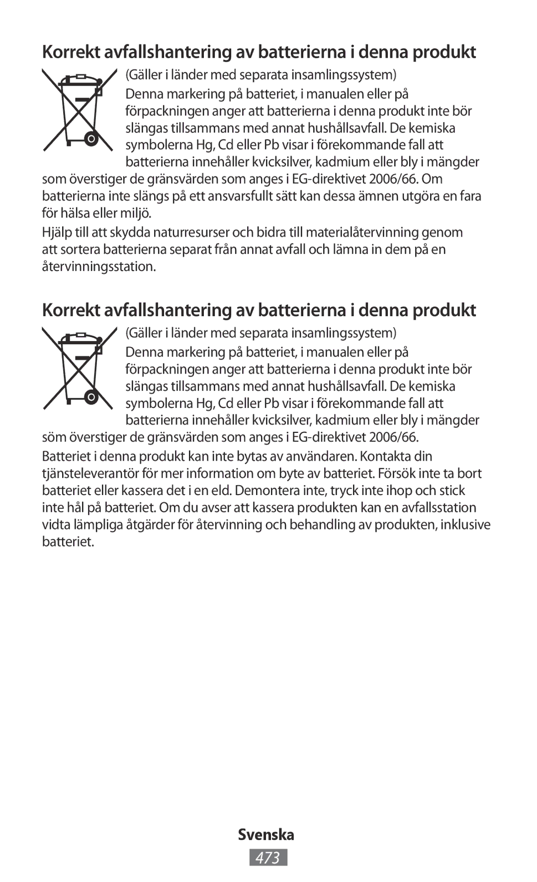 Samsung GT-I8750ALADBT, GT-I8190RWNDTM, GT-I8190RWNDBT manual Korrekt avfallshantering av batterierna i denna produkt, 473 