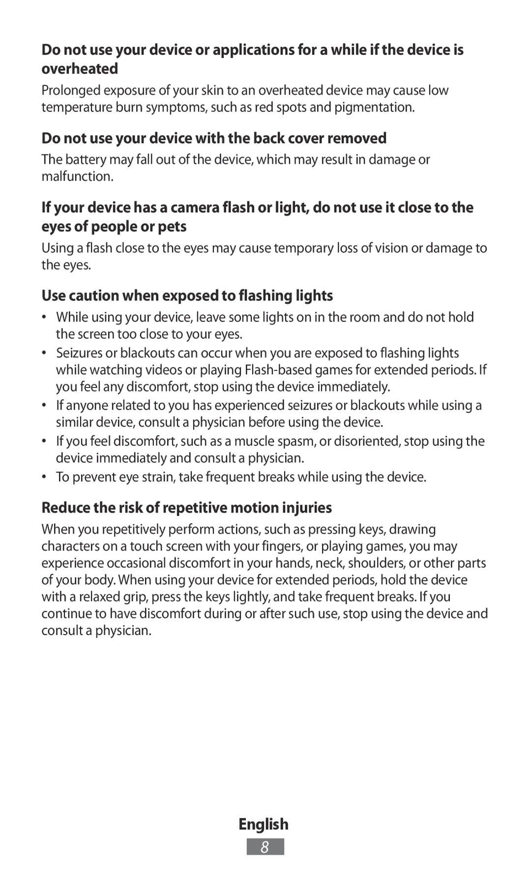 Samsung GT-S5301ZKADBT Do not use your device with the back cover removed, Use caution when exposed to flashing lights 