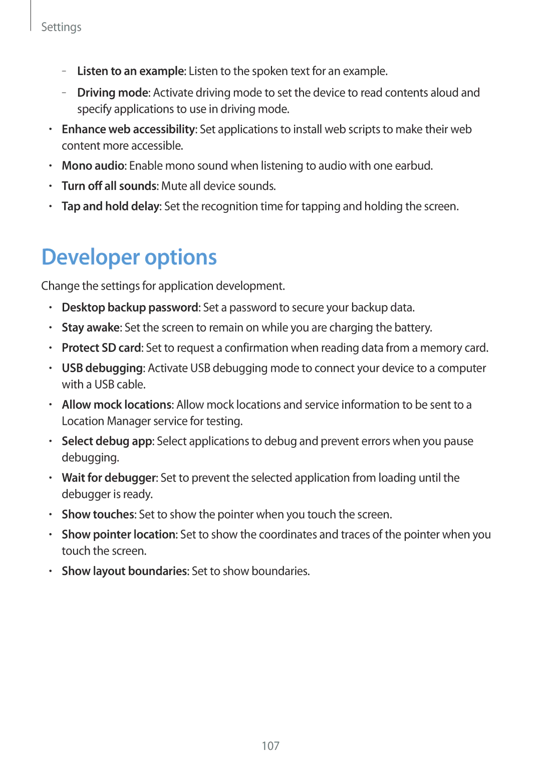 Samsung GT-I8190RWABGL, GT-I8190RWNDTM, GT-I8190RWNDBT, GT-I8190RWATPH, GT-I8190MBNTPL, GT-I8190OKADBT manual Developer options 