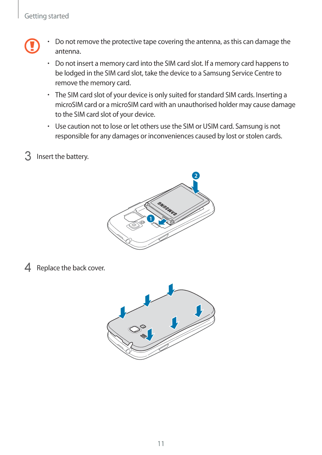 Samsung GT-I8190MBADBT, GT-I8190RWNDTM, GT-I8190RWNDBT, GT-I8190RWATPH manual Insert the battery Replace the back cover 