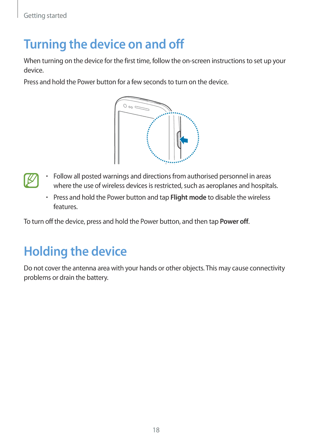 Samsung GT-I8190MBATUR, GT-I8190RWNDTM, GT-I8190RWNDBT, GT-I8190RWATPH Turning the device on and off, Holding the device 