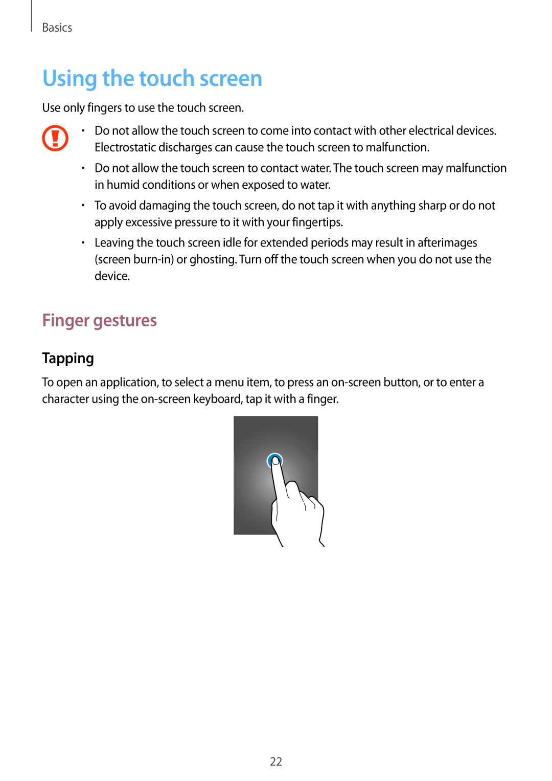 Samsung GT-I8190RWNVIA manual Using the touch screen, Finger gestures, Tapping, Use only fingers to use the touch screen 